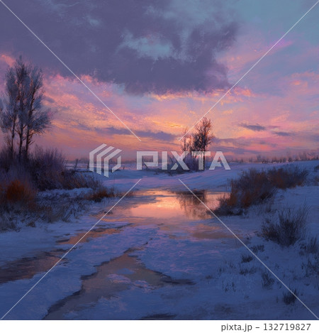 Beautiful Winter Sunset Over a Snowy Forest Path During the Evening Hours 132719827