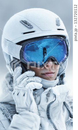 Winter Sports Enthusiast Using Phone in Snowy Landscape During Ski Session 132720112