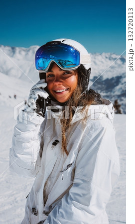 Winter Sports Enthusiast Using Phone in Snowy Landscape During Ski Session 132720113