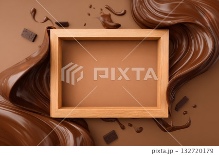 Creative Splash of Chocolate With Wooden Frame in a Studio Setting Creative Splash of Chocolate With Wooden Frame in a Studio Setting 132720179