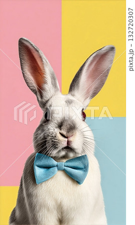 Cute Gray Rabbit With Blue Bow Tie Posed Against Colorful Background Cute Gray Rabbit With Blue Bow Tie Posed Against Colorful Background 132720307