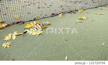 Yellow autumn leaves scattered along a black tennis net on a green synthetic court surface Yellow autumn leaves scattered along a black tennis net on a green synthetic court surface 132720794