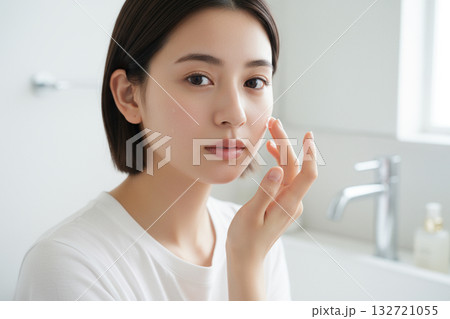 鏡の前でスキンケアをする女性 132721055