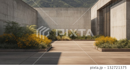 Modern Architectural Courtyard With Concrete Walls And Vibrant Garden. Minimalist Design Blending Nature And Structure 132721375