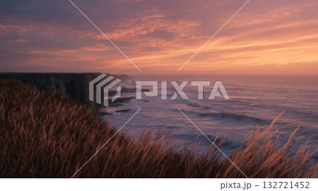 Cliffside Ocean View At Sunset With Dramatic...のイラスト素材 [132721452] - PIXTA