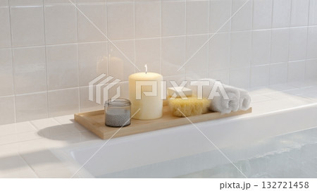 Spa-Like Bathroom Setting With Candle, Towels, And Bath Accessories On Wooden Tray. Relaxation And Self-Care Ambiance 132721458