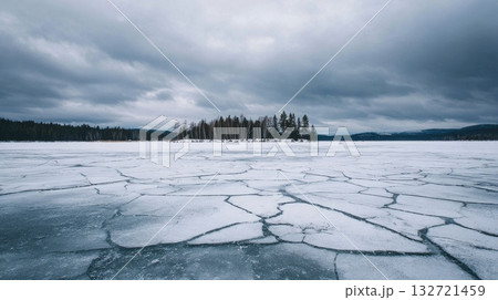 Frozen Lake With Cracked Ice And Forested Island. Winter Serenity And Natural Beauty Frozen Lake With Cracked Ice And Forested Island. Winter Serenity And Natural Beauty 132721459
