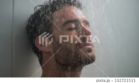 Man Enjoying A Relaxing Shower With Eyes Closed. Serenity And Refreshment In Daily Routine 132721515