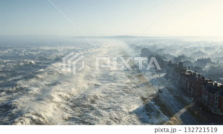 Stormy Ocean Waves Crashing Onto Coastal Town. Dramatic Weather And Urban Landscape 132721519