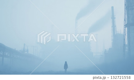 Industrial Landscape With Silhouette Of Person In Foggy Environment. Air Pollution And Environmental Impact Industrial Landscape With Silhouette Of Person In Foggy Environment. Air Pollution And Environmental Impact 132721558