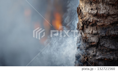 Burning Tree Trunk With Smoke And Flames. Forest Fire And Environmental Impact 132721560