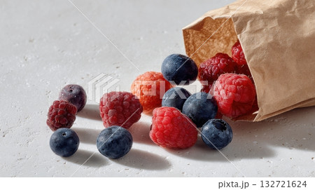 Fresh Berries Spilling From Paper Bag On White Surface. Healthy Snack And Natural Ingredients Fresh Berries Spilling From Paper Bag On White Surface. Healthy Snack And Natural Ingredients 132721624