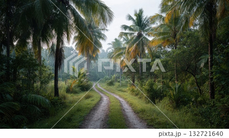 Tropical Pathway Through Lush Palm Forest. Serene Nature Escape Tropical Pathway Through Lush Palm Forest. Serene Nature Escape 132721640