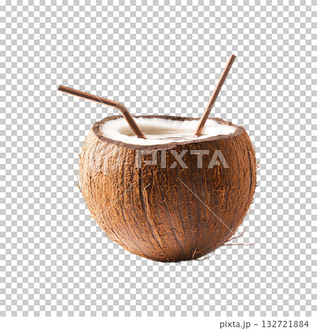 Coconut Drink With Straws. Refreshing Tropical Beverage For Summer Hydration And Relaxation. Isolated On Transparent Background 132721884