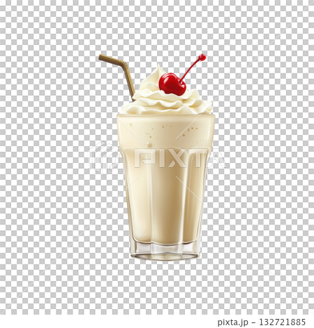 Vanilla Milkshake With Whipped Cream And Cherry. Classic Dessert Beverage. Isolated On Transparent Background 132721885