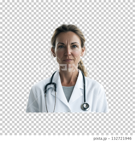 Female Doctor With Stethoscope. Medical Professional In Healthcare Setting. Isolated On Transparent Background 132721946
