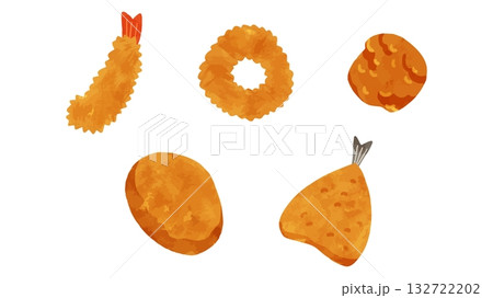 えびフライ・イカリング・唐揚げ・ポテトコロッケ・アジフライ 水彩風手描きベクターイラスト えびフライ・イカリング・唐揚げ・ポテトコロッケ・アジフライ 水彩風手描きベクターイラスト 132722202