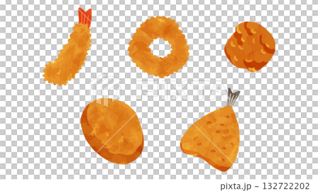 えびフライ・イカリング・唐揚げ・ポテトコロッケ・アジフライ 水彩風手描きベクターイラスト えびフライ・イカリング・唐揚げ・ポテトコロッケ・アジフライ 水彩風手描きベクターイラスト 132722202