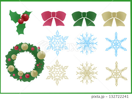 クリスマス飾りのラスター素材セット｜ヒイラギ,リボン,リース,雪の結晶 132722241