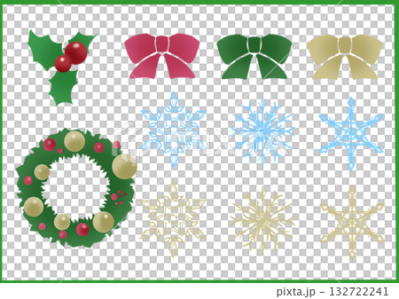 クリスマス飾りのラスター素材セット｜ヒイラギ,リボン,リース,雪の結晶 132722241