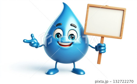 Funny water drop cartoon holding a signboard with free space for text 132722270