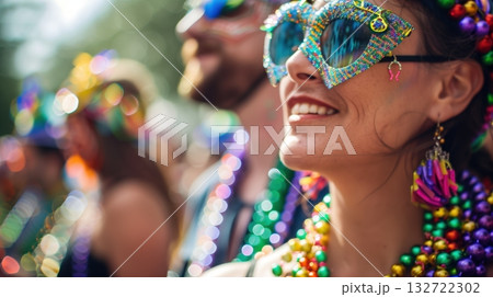 マルディグラで笑顔を見せるカラフルな女性の肖像 132722302