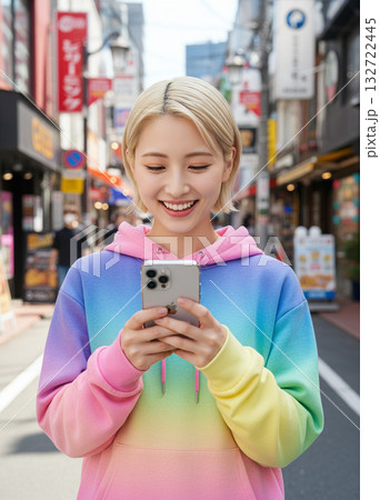 原宿ストリートでスマホを見る若者 132722445