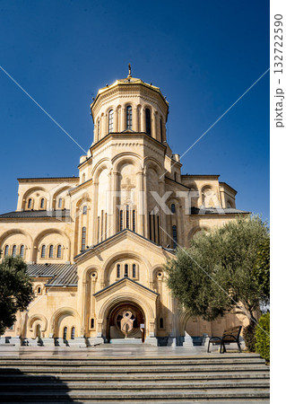 Holy Trinity Cathedral Of Tbilisi In Georgia: Majestic Golden Domed Orthodox Church Under Clear Blue Sky In The Heart Of The City 132722590