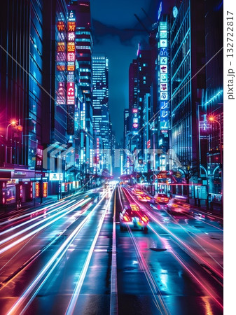 Rainy neon city street at night with light trails and reflections on wet asphalt; vibrant futuristic urban scene. 132722817