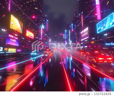 Rainy neon city street at night with light trails and reflections on wet asphalt; vibrant futuristic urban scene. 132722829