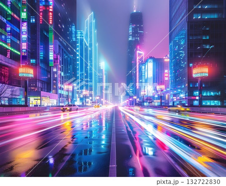Rainy neon city street at night with light trails and reflections on wet asphalt; vibrant futuristic urban scene. 132722830