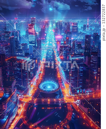 Rainy neon city street at night with light trails and reflections on wet asphalt; vibrant futuristic urban scene. 132722837