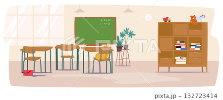 School classroom settings and interior design with furniture and blackboard cartoon background School classroom settings and interior design with furniture and blackboard cartoon background 132723414