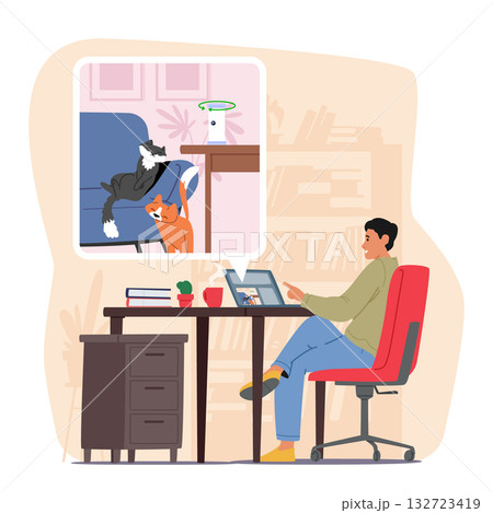 Man monitoring cats behavior at home using smart camera while working in office cartoon scene 132723419