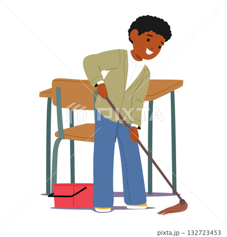 Cute schoolboy cartoon character actively washing school classroom floor standing nearby desk 132723453