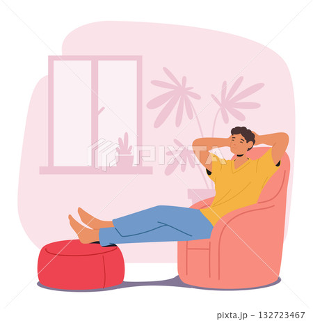 Relaxed young man cartoon character peacefully resting on armchair enjoying home comfort scene 132723467