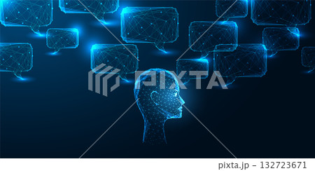 AI thinking and human-machine interaction with digital head silhouette and chatbot conversation 132723671