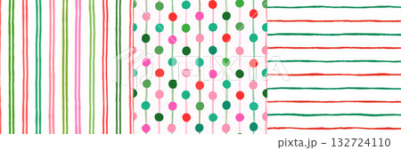 Cute Christmas vector seamless patterns with vertical and horizontal stripes and dots in red, green and pink colors for wrapping paper and backgrounds 132724110