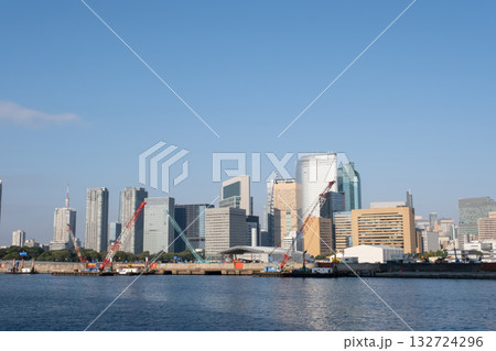 勝どきから隅田川沿いの大型クレーンと築地汐留方面を見た風景 132724296