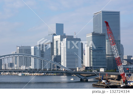 勝どきから隅田川沿いの大型クレーンと港区方面を見た風景 132724334