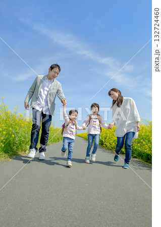 菜の花の咲く遊歩道を歩く4人家族 132724460