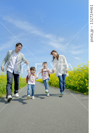 菜の花の咲く遊歩道を歩く4人家族 132724461
