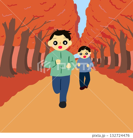 もみじの絨毯でジョギング・ウォーキングする人 132724476