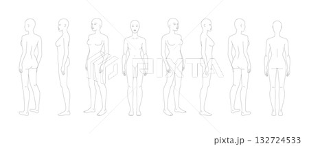 Set of Vector illustration of a 7 head woman, displaying multiple angles including front, side, and back. Perfect for 132724533