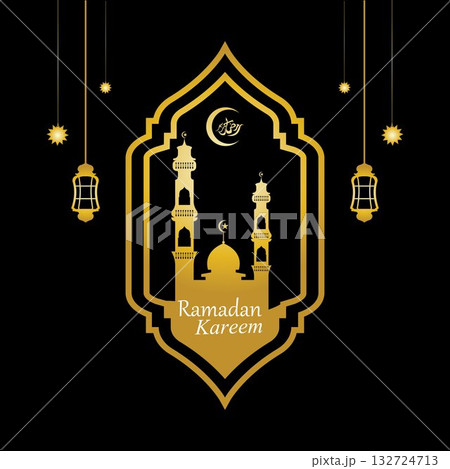 Vector - Golden silhouette of mosque and hanging lanterns on black background, Ramadan Kareem, greeting card 132724713