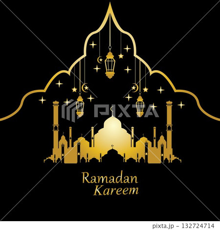 Vector - Golden silhouette of mosque and hanging lanterns on black background, Ramadan Kareem, greeting card Vector - Golden silhouette of mosque and hanging lanterns on black background, Ramadan Kareem, greeting card 132724714