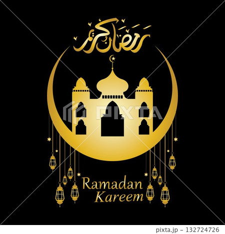 Vector - Golden silhouette of mosque and hanging lanterns on black background, Ramadan Kareem, greeting card Vector - Golden silhouette of mosque and hanging lanterns on black background, Ramadan Kareem, greeting card 132724726