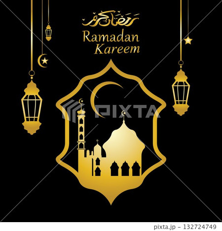 Vector - Golden silhouette of mosque and hanging lanterns on black background, Ramadan Kareem, greeting card Vector - Golden silhouette of mosque and hanging lanterns on black background, Ramadan Kareem, greeting card 132724749