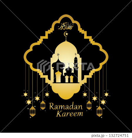 Vector - Golden silhouette of mosque and hanging lanterns on black background, Ramadan Kareem, greeting card Vector - Golden silhouette of mosque and hanging lanterns on black background, Ramadan Kareem, greeting card 132724751