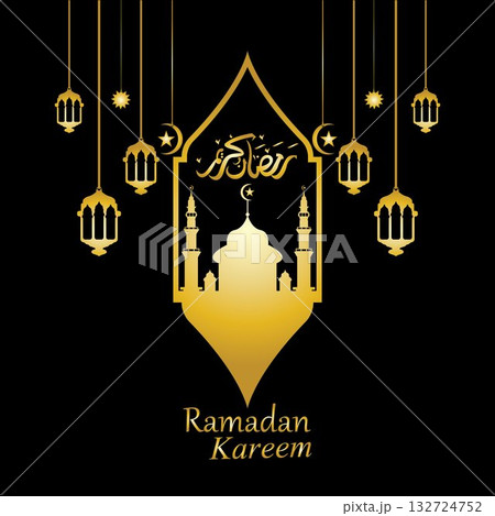 Vector - Golden silhouette of mosque and hanging lanterns on black background, Ramadan Kareem, greeting card 132724752